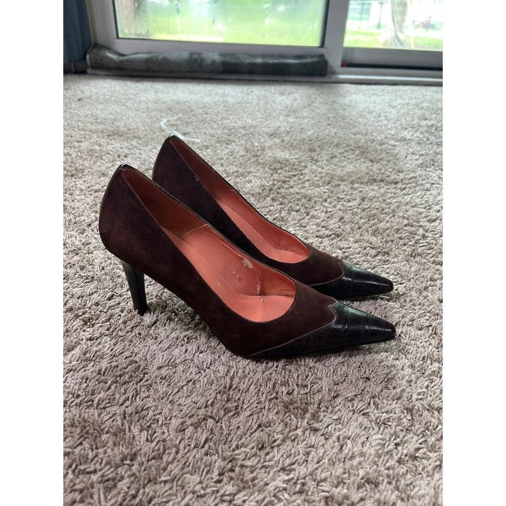 VTG Circa Joan & David Brown Suede Croc Embossed Pointed Toe Pumps Heels 8